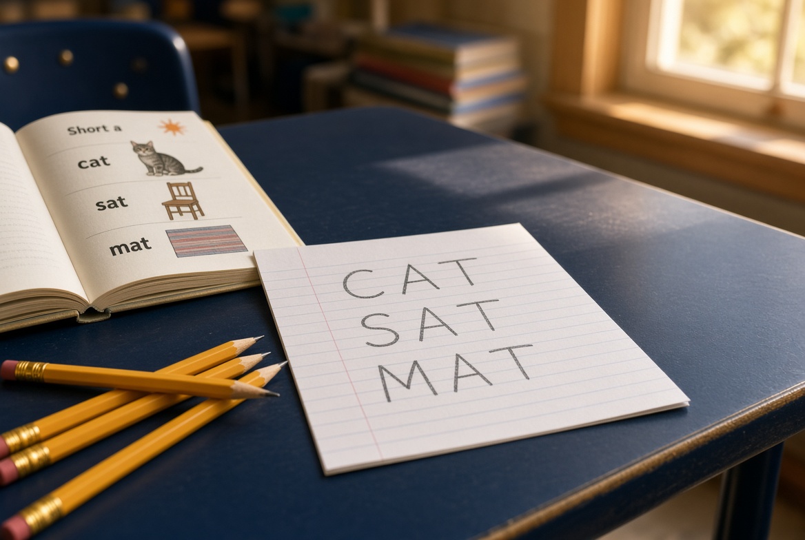 Pencils, lined paper, and a phonics book on a classroom desk